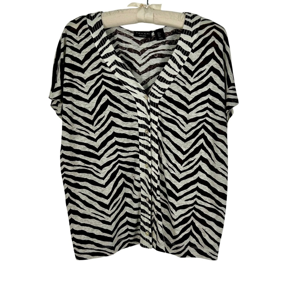 Tahari Zebra Print 100% Linen Button‎ Down Shirt Top Blouse Women's Size L